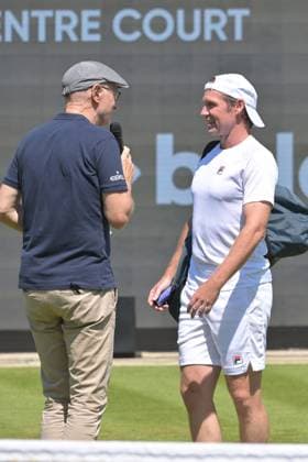 25.06.2023, xbrx, Tennis Bad Homburg Open WTA, Tennis Damen 250, emspor, v.l. Abschiedsspiel Petkovic, Andrea (GER), Schuettler, Rainer (GER), Interview, wird interviewed Bad Homburg