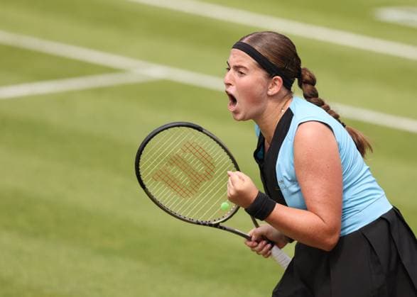 Mandatory Credit: Photo by Ryan Browne Shutterstock (13977110d) Jelena Ostapenko of Latvia celebrates winning the 1st set. Rothesay Classic, Day Seven, Tennis, Edgbaston Priory Club, Birmingham, UK - 25 Jun 2023 Rothesay Classic, Day Seven, Tennis, Edgbaston Priory Club, Birmingham, UK - 25 Jun 2023 Copyright: xRyanxBrowne Shutterstockx 13977110d