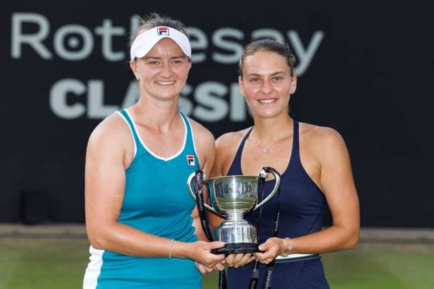 Mandatory Credit: Photo by Ryan Browne Shutterstock (13977110bh) Barbora Krejikova and Marta Kostyuk pose after winning the Women s Doubles Final of the Rothesay Classic. Rothesay Classic, Day Seven, Tennis, Edgbaston Priory Club, Birmingham, UK - 25 Jun 2023 Rothesay Classic, Day Seven, Tennis, Edgbaston Priory Club, Birmingham, UK - 25 Jun 2023 Copyright: xRyanxBrowne Shutterstockx 13977110bh