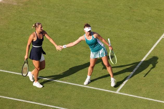 Mandatory Credit: Photo by Ryan Browne Shutterstock (13977110bp) Barbora Krejikova and Marta Kostyuk pose after winning the Women s Doubles Final of the Rothesay Classic. Rothesay Classic, Day Seven, Tennis, Edgbaston Priory Club, Birmingham, UK - 25 Jun 2023 Rothesay Classic, Day Seven, Tennis, Edgbaston Priory Club, Birmingham, UK - 25 Jun 2023 Copyright: xRyanxBrowne Shutterstockx 13977110bp