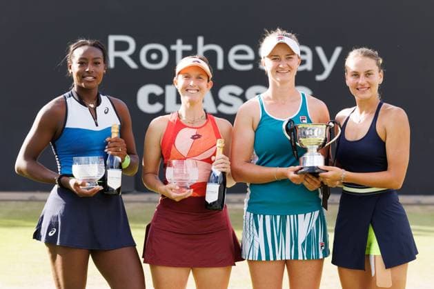 Mandatory Credit: Photo by Ryan Browne Shutterstock (13977110bw) Alycia Parks and Storm Hunter pose with Barbora Krejikova and Marta Kostyuk pose after the final of the Women s Doubles Final of the Rothesay Classic. Rothesay Classic, Day Seven, Tennis, Edgbaston Priory Club, Birmingham, UK - 25 Jun 2023 Rothesay Classic, Day Seven, Tennis, Edgbaston Priory Club, Birmingham, UK - 25 Jun 2023 Copyright: xRyanxBrowne Shutterstockx 13977110bw