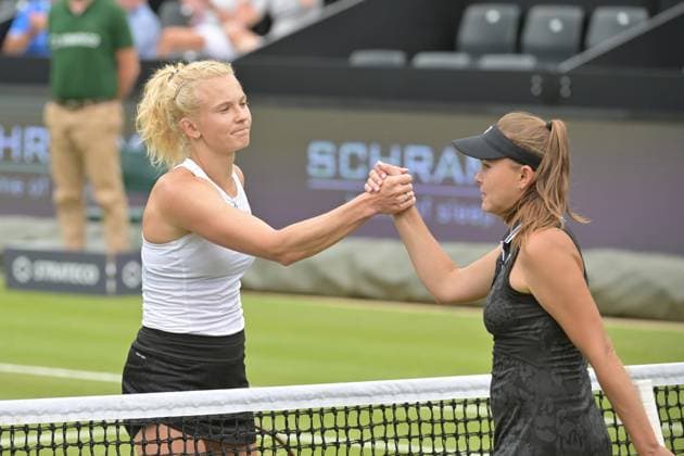 28.06.2023, xbrx, Tennis Bad Homburg Open WTA, Tennis Damen 250, emspor, v.l. shake hands nach dem Spiel, Siniakova, Katerina (CZE), jubelt, jubeln nach Spielende, winner, sieg, siegerin, Rodina, Evgeniya Bad Homburg