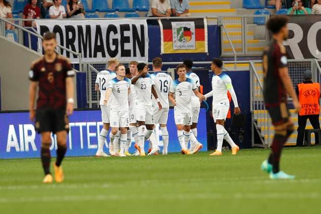 UEFA U21, U 21 EM, Deutschland - England, 3. Gruppenspiel, 28.06.2023, Batumi Die Englaender bejubeln ihr fruehes Tor, UEFA U21-Fussball-Europameisterschaft in Rumaenien und Georgien, Deutschland - England, 3. Gruppenspiel, 28.06.2023, Batumi Copyright: xBEAUTIFULxSPORTS Meuselx
