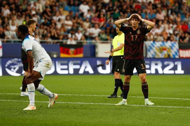 UEFA U21, U 21 EM, Deutschland - England, 3. Gruppenspiel, 28.06.2023, Batumi Noah WEISSHAUPT ( 17, Deutschland, SC Freiburg) verzweifelt, UEFA U21-Fussball-Europameisterschaft in Rumaenien und Georgien, Deutschland - England, 3. Gruppenspiel, 28.06.2023, Batumi Copyright: xBEAUTIFULxSPORTS Meuselx