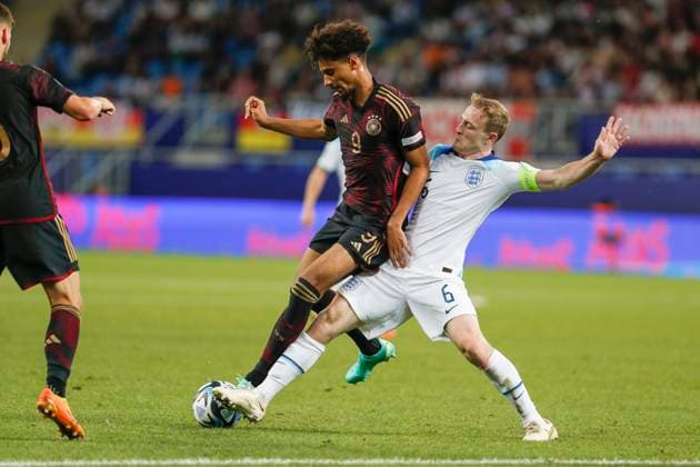 UEFA U21, U 21 EM, Deutschland - England, 3. Gruppenspiel, 28.06.2023, Batumi Kevin SCHADE ( 9, Deutschland, Brentford FC), Oliver SKIPP ( 6, England), UEFA U21-Fussball-Europameisterschaft in Rumaenien und Georgien, Deutschland - England, 3. Gruppenspiel, 28.06.2023, Batumi Copyright: xBEAUTIFULxSPORTS Meuselx