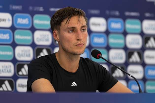 UEFA U21, U 21 EM, Deutschland - England, 3. Gruppenspiel, 28.06.2023, Batumi Kilian FISCHER ( 13, Deutschland, VfL Wolfsburg) bei der Pressekonferenz nach der 0:2 Niederlage gegen England, UEFA U21-Fussball-Europameisterschaft in Rumaenien und Georgien, Deutschland - England, 3. Gruppenspiel, 28.06.2023, Batumi Copyright: xBEAUTIFULxSPORTS Meuselx
