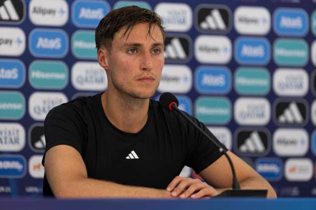 UEFA U21, U 21 EM, Deutschland - England, 3. Gruppenspiel, 28.06.2023, Batumi Kilian FISCHER ( 13, Deutschland, VfL Wolfsburg) bei der Pressekonferenz nach der 0:2 Niederlage gegen England, UEFA U21-Fussball-Europameisterschaft in Rumaenien und Georgien, Deutschland - England, 3. Gruppenspiel, 28.06.2023, Batumi Copyright: xBEAUTIFULxSPORTS Meuselx