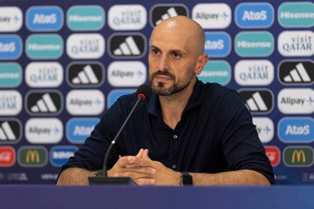 UEFA U21, U 21 EM, Deutschland - England, 3. Gruppenspiel, 28.06.2023, Batumi Antonio DI SALVO (Deutschland, Cheftrainer) bei der Pressekonferenz nach der 0:2 Niederlage gegen England, UEFA U21-Fussball-Europameisterschaft in Rumaenien und Georgien, Deutschland - England, 3. Gruppenspiel, 28.06.2023, Batumi Copyright: xBEAUTIFULxSPORTS Meuselx