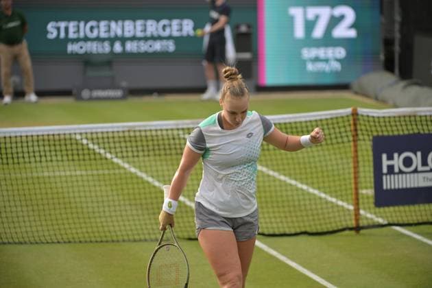 28.06.2023, xbrx, Tennis Bad Homburg Open WTA, Tennis Damen 250, emspor, v.l. Blinkova, Anna,jubel, gestikuliert, mit den Armen gestikulieren, fokussiert, konzentriert Bad Homburg
