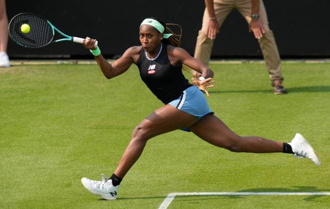 Mandatory Credit: Photo by Dave Shopland Shutterstock (13984800l) USA s Coco Gauff in action as she wins Quarter final in straight sets Rothesay International Eastbourne, Tennis, Day Four, Devonshire Park, Eastbourne, UK - 29 Jun 2023 Rothesay International Eastbourne, Tennis, Day Four, Devonshire Park, Eastbourne, UK - 29 Jun 2023 Copyright: xDavexShopland Shutterstockx 13984800l