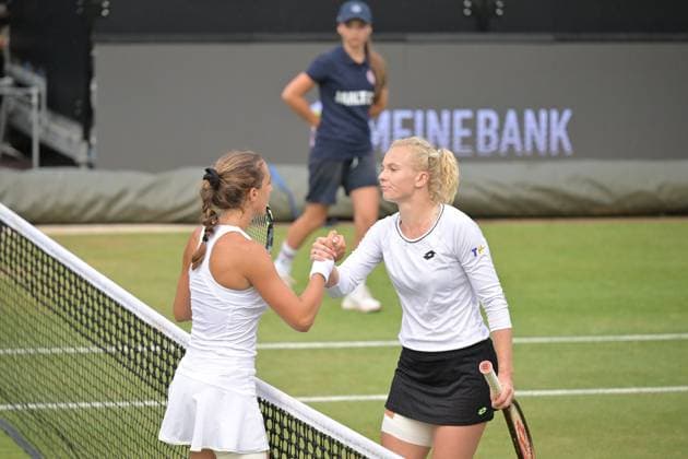 01.07.2023, xbrx, Tennis Bad Homburg Open WTA, Tennis Damen 250, emspor, v.l. FINALS, Bronzetti, Lucia (ITA), Siniakova, Katerina (CZE), winner, siegerin, jubelt, jubeln nach Spielende, freude Bad Homburg