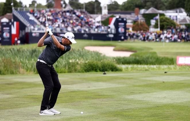 Mandatory Credit: Photo by James Marsh Shutterstock (13987427o) Gunner Wiebe of USA on the 18th hole. Betfred British Masters, Day Four, Golf, The Belfry Golf Club, Sutton Coldfield, UK - 02 Jul 2023 Betfred British Masters, Day Four, Golf, The Belfry Golf Club, Sutton Coldfield, UK - 02 Jul 2023 Copyright: xJamesxMarsh Shutterstockx 13987427o