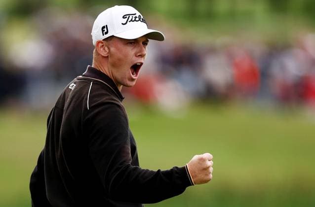 Mandatory Credit: Photo by James Marsh Shutterstock (13987427v) Daniel Hillier of New Zealand celebrates holing a putt on the 18th hole. Betfred British Masters, Day Four, Golf, The Belfry Golf Club, Sutton Coldfield, UK - 02 Jul 2023 Betfred British Masters, Day Four, Golf, The Belfry Golf Club, Sutton Coldfield, UK - 02 Jul 2023 Copyright: xJamesxMarsh Shutterstockx 13987427v