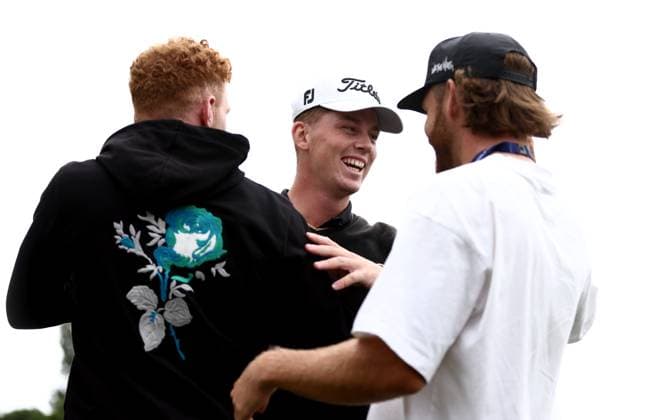 Mandatory Credit: Photo by James Marsh Shutterstock (13987427aj) Daniel Hillier of New Zealand celebrates with friends and family on the 18th hole. Betfred British Masters, Day Four, Golf, The Belfry Golf Club, Sutton Coldfield, UK - 02 Jul 2023 Betfred British Masters, Day Four, Golf, The Belfry Golf Club, Sutton Coldfield, UK - 02 Jul 2023 Copyright: xJamesxMarsh Shutterstockx 13987427aj