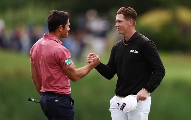Mandatory Credit: Photo by James Marsh Shutterstock (13987427bc) Daniel Hillier of New Zealand shakes hands with Rhys Enoch of Wales on the 18th hole. Betfred British Masters, Day Four, Golf, The Belfry Golf Club, Sutton Coldfield, UK - 02 Jul 2023 Betfred British Masters, Day Four, Golf, The Belfry Golf Club, Sutton Coldfield, UK - 02 Jul 2023 Copyright: xJamesxMarsh Shutterstockx 13987427bc