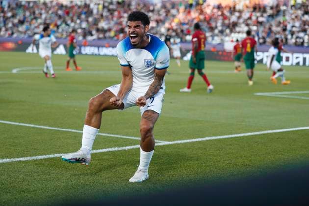 UEFA U21, U 21 EM, England - Portugal, Viertelfinale, 02.07.2023, Kutaissi Morgan GIBBS-WHITE ( 6, England) bejubelt das erste Tor des Spiels von Anthony GORDON ( 11, England), UEFA U21-Fussball-Europameisterschaft in Rumaenien und Georgien, England - Portugal, Viertelfinale, 02.07.2023, Ramas-Schengelia-Stadion, Kutaissi Copyright: xBEAUTIFULxSPORTS Meuselx
