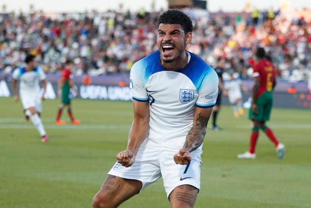 UEFA U21, U 21 EM, England - Portugal, Viertelfinale, 02.07.2023, Kutaissi Morgan GIBBS-WHITE ( 6, England) bejubelt das erste Tor des Spiels von Anthony GORDON ( 11, England), UEFA U21-Fussball-Europameisterschaft in Rumaenien und Georgien, England - Portugal, Viertelfinale, 02.07.2023, Ramas-Schengelia-Stadion, Kutaissi Copyright: xBEAUTIFULxSPORTS Meuselx