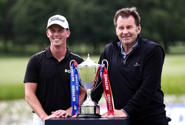 Mandatory Credit: Photo by James Marsh Shutterstock (13987427bk) Daniel Hillier of New Zealand celebrates with the trophy after winning the tournament next to host Sir Nick Faldo. Betfred British Masters, Day Four, Golf, The Belfry Golf Club, Sutton Coldfield, UK - 02 Jul 2023 Betfred British Masters, Day Four, Golf, The Belfry Golf Club, Sutton Coldfield, UK - 02 Jul 2023 Copyright: xJamesxMarsh Shutterstockx 13987427bk