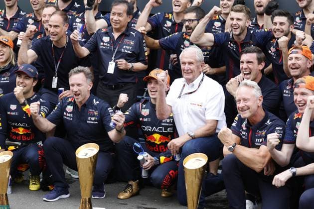 11 Sergio Perez (MEX, Oracle Red Bull Racing), Christian Horner (GBR, Oracle Red Bull Racing), 1 Max Verstappen (NLD, Oracle Red Bull Racing), Dr. Helmut Marko (AUT, Oracle Red Bull Racing), Jonathan Wheatley (GBR, Oracle Red Bull Racing), F1 Grand Prix of Austria at Red Bull Ring on July 2, 2023 in Spielberg, Austria. (Photo by HOCH ZWEI) Spielberg Austria