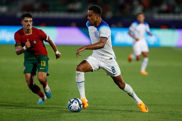 UEFA U21, U 21 EM, England - Portugal, Viertelfinale, 02.07.2023, Kutaissi Jacob RAMSEY ( 8, England), Jose CARLOS ( 13, Portugal), UEFA U21-Fussball-Europameisterschaft in Rumaenien und Georgien, England - Portugal, Viertelfinale, 02.07.2023, Ramas-Schengelia-Stadion, Kutaissi Copyright: xBEAUTIFULxSPORTS Meuselx