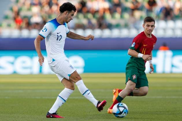 UEFA U21, U 21 EM, England - Portugal, Viertelfinale, 02.07.2023, Kutaissi Curtis JONES ( 17, England), Francisco CONCEICAO ( 11, Portugal), UEFA U21-Fussball-Europameisterschaft in Rumaenien und Georgien, England - Portugal, Viertelfinale, 02.07.2023, Ramas-Schengelia-Stadion, Kutaissi Copyright: xBEAUTIFULxSPORTS Meuselx
