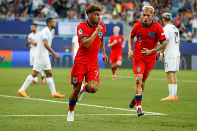 UEFA U21, U 21 EM, England - Israel, Halbfinale, 05.07.2023, Batumi Morgan GIBBS-WHITE ( 7, England) bejubelt sein Tor zum 1:0, UEFA U21-Fussball-Europameisterschaft in Rumaenien und Georgien, England - Israel, Halbfinale, 05.07.2023, Adjarabet Arena, Batumi Copyright: xBEAUTIFULxSPORTS Meuselx