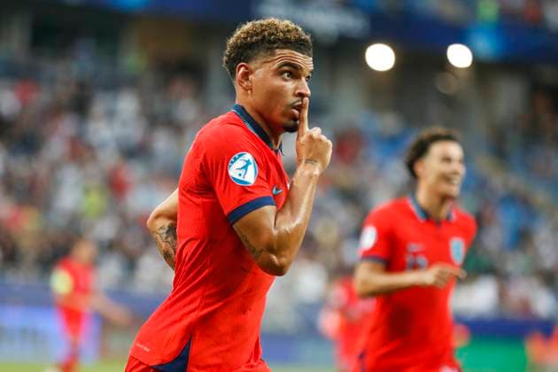 UEFA U21, U 21 EM, England - Israel, Halbfinale, 05.07.2023, Batumi Morgan GIBBS-WHITE ( 7, England) bejubelt sein Tor zum 1:0, UEFA U21-Fussball-Europameisterschaft in Rumaenien und Georgien, England - Israel, Halbfinale, 05.07.2023, Adjarabet Arena, Batumi Copyright: xBEAUTIFULxSPORTS Meuselx