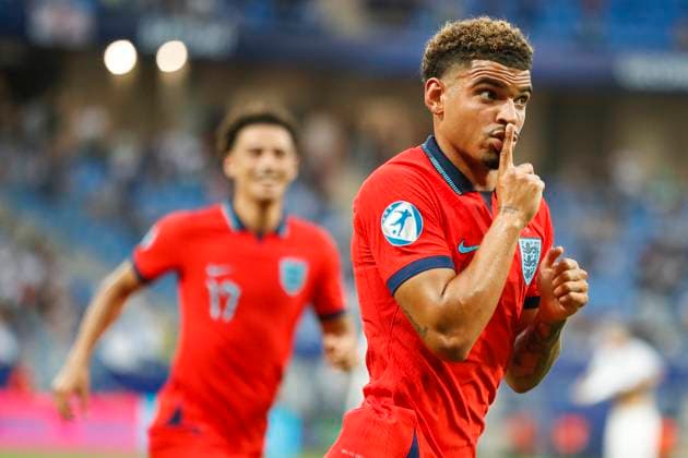 UEFA U21, U 21 EM, England - Israel, Halbfinale, 05.07.2023, Batumi Morgan GIBBS-WHITE ( 7, England) bejubelt sein Tor zum 1:0, UEFA U21-Fussball-Europameisterschaft in Rumaenien und Georgien, England - Israel, Halbfinale, 05.07.2023, Adjarabet Arena, Batumi Copyright: xBEAUTIFULxSPORTS Meuselx