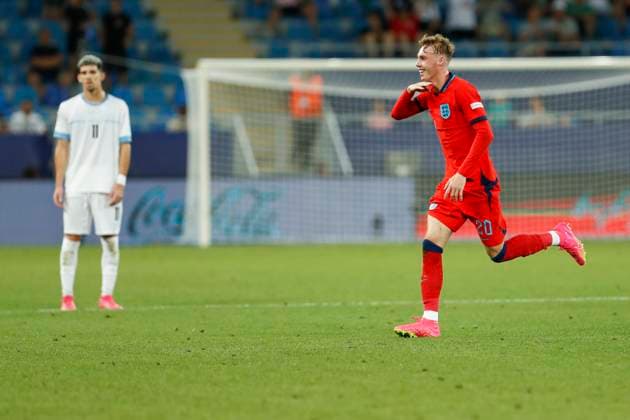 UEFA U21, U 21 EM, England - Israel, Halbfinale, 05.07.2023, Batumi Cole PALMER ( 20, England) bejubelt sein Tor zum 2:0 nach Videobeweis, UEFA U21-Fussball-Europameisterschaft in Rumaenien und Georgien, England - Israel, Halbfinale, 05.07.2023, Adjarabet Arena, Batumi Copyright: xBEAUTIFULxSPORTS Meuselx