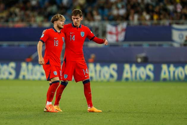 UEFA U21, U 21 EM, England - Israel, Halbfinale, 05.07.2023, Batumi Harvey ELLIOTT ( 19, England), James GARNER ( 14, England), UEFA U21-Fussball-Europameisterschaft in Rumaenien und Georgien, England - Israel, Halbfinale, 05.07.2023, Adjarabet Arena, Batumi Copyright: xBEAUTIFULxSPORTS Meuselx