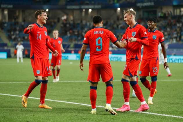 UEFA U21, U 21 EM, England - Israel, Halbfinale, 05.07.2023, Batumi Jubel nach dem dritten Tor durch Cameron ARCHER ( 9, England), UEFA U21-Fussball-Europameisterschaft in Rumaenien und Georgien, England - Israel, Halbfinale, 05.07.2023, Adjarabet Arena, Batumi Copyright: xBEAUTIFULxSPORTS Meuselx
