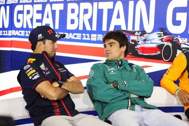 press conference, PK, Pressekonferenz PEREZ Sergio (mex), Red Bull Racing RB18, STROLL Lance (can), Aston Martin F1 Team AMR22, portrait during the 2023 Formula 1 Aramco British Grand Prix, 10th round of the 2023 Formula One World Championship, WM, Weltmeisterschaft from July 7 to 9, 2023 on the Silverstone Circuit, in Silverstone, United Kingdom Copyright: xAntoninxVincent DPPI IPAxSportx x xIPAxSportx 0 IPA_IPA39081065