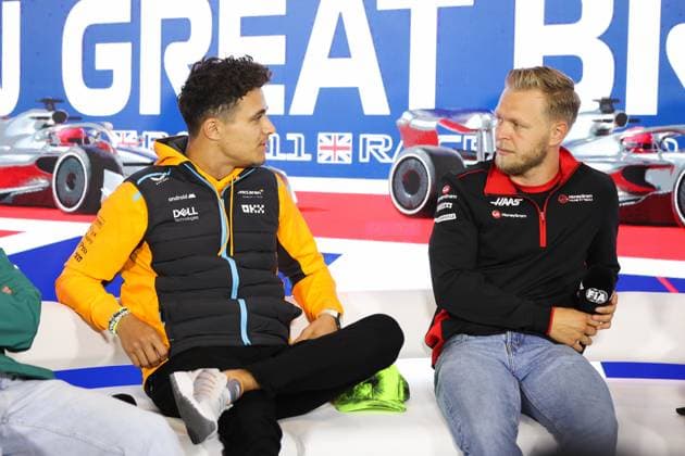 press conference, PK, Pressekonferenz MAGNUSSEN Kevin (den), Haas F1 Team VF-22 Ferrari, NORRIS Lando (gbr), McLaren F1 Team MCL36, portrait during the 2023 Formula 1 Aramco British Grand Prix, 10th round of the 2023 Formula One World Championship, WM, Weltmeisterschaft from July 7 to 9, 2023 on the Silverstone Circuit, in Silverstone, United Kingdom Copyright: xAntoninxVincent DPPI IPAxSportx x xIPAxSportx 0 IPA_IPA39081066