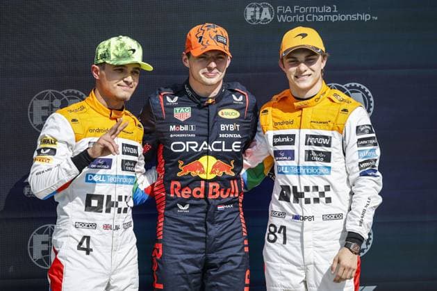 VERSTAPPEN Max (ned), Red Bull Racing RB19, portrait NORRIS Lando (gbr), McLaren F1 Team MCL60, portrait PIASTRI Oscar (aus), McLaren F1 Team MCL60, portrait during the 2023 Formula 1 Aramco British Grand Prix, 10th round of the 2023 Formula One World Championship, WM, Weltmeisterschaft from July 7 to 9, 2023 on the Silverstone Circuit, in Silverstone, United Kingdom Copyright: xXavixBonilla DPPI IPAxSportx xipx xIPAxSportx 0 IPA_IPA39120689