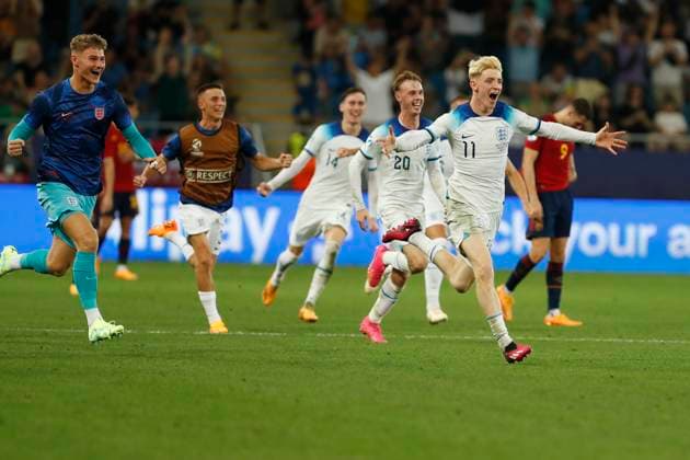 UEFA U21, U 21 EM, England - Spanien, Finale, 08.07.2023, Batumi Die Englaender jubeln nach Schlusspfiff, UEFA U21-Fussball-Europameisterschaft in Rumaenien und Georgien, England - Spanien, Finale, 08.07.2023, Adjarabet Arena, Batumi Copyright: xBEAUTIFULxSPORTS Meuselx