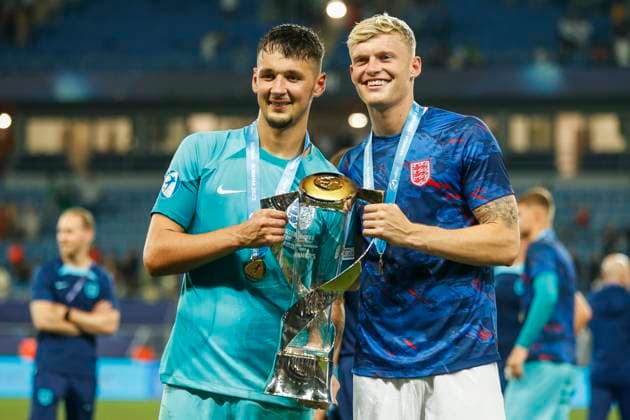 UEFA U21, U 21 EM, England - Spanien, Finale, 08.07.2023, Batumi James TRAFFORD ( 1, England), Jarrad BRANTHWAITE ( 12, England), UEFA U21-Fussball-Europameisterschaft in Rumaenien und Georgien, England - Spanien, Finale, 08.07.2023, Adjarabet Arena, Batumi Copyright: xBEAUTIFULxSPORTS Meuselx