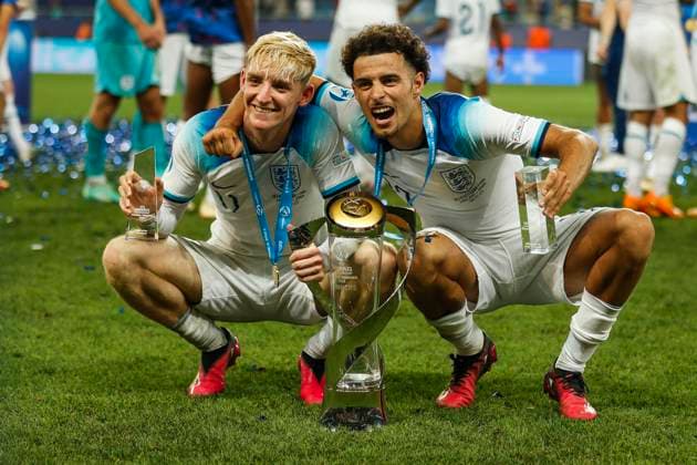 UEFA U21, U 21 EM, England - Spanien, Finale, 08.07.2023, Batumi Anthony GORDON ( 11, England) und Curtis JONES ( 17, England) jubeln, UEFA U21-Fussball-Europameisterschaft in Rumaenien und Georgien, England - Spanien, Finale, 08.07.2023, Adjarabet Arena, Batumi Copyright: xBEAUTIFULxSPORTS Meuselx