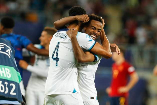 UEFA U21, U 21 EM, England - Spanien, Finale, 08.07.2023, Batumi Angel GOMES ( 21, England), Levi COLWILL ( 4, England), UEFA U21-Fussball-Europameisterschaft in Rumaenien und Georgien, England - Spanien, Finale, 08.07.2023, Adjarabet Arena, Batumi Copyright: xBEAUTIFULxSPORTS Meuselx