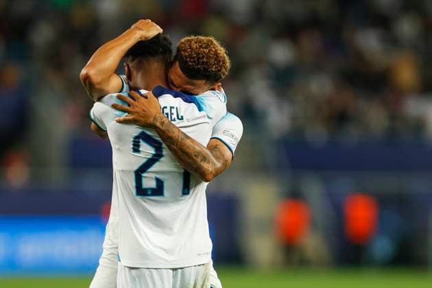 UEFA U21, U 21 EM, England - Spanien, Finale, 08.07.2023, Batumi Morgan GIBBS-WHITE ( 7, England), Angel GOMES ( 21, England), UEFA U21-Fussball-Europameisterschaft in Rumaenien und Georgien, England - Spanien, Finale, 08.07.2023, Adjarabet Arena, Batumi Copyright: xBEAUTIFULxSPORTS Meuselx