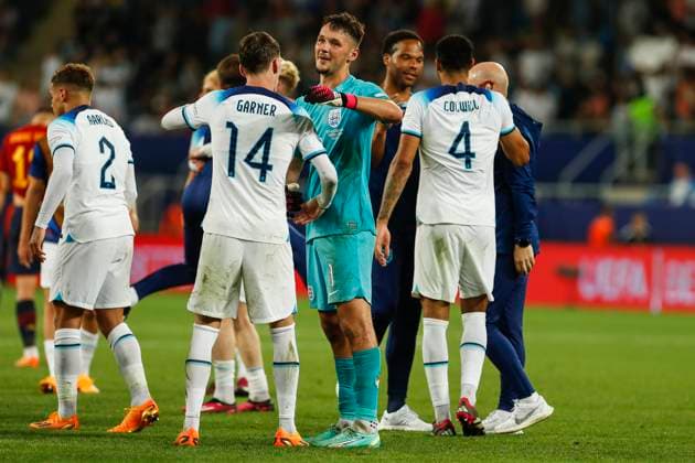 UEFA U21, U 21 EM, England - Spanien, Finale, 08.07.2023, Batumi James GARNER ( 14, England) mit James TRAFFORD ( 1, England), UEFA U21-Fussball-Europameisterschaft in Rumaenien und Georgien, England - Spanien, Finale, 08.07.2023, Adjarabet Arena, Batumi Copyright: xBEAUTIFULxSPORTS Meuselx
