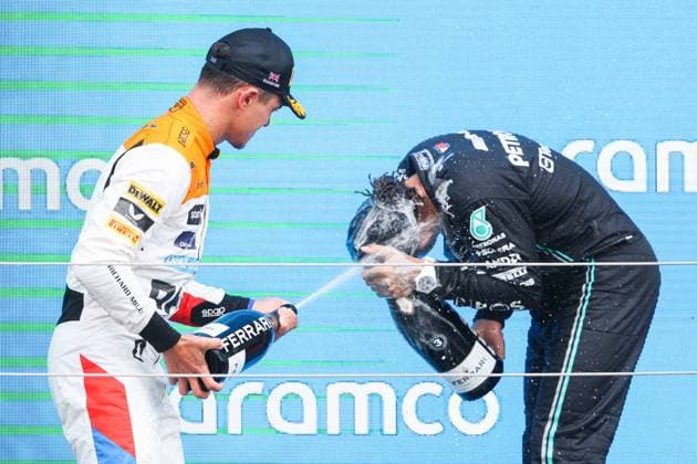 podium NORRIS Lando (gbr), McLaren F1 Team MCL60, HAMILTON Lewis (gbr), Mercedes AMG F1 Team W14, portrait during the 2023 Formula 1 Aramco British Grand Prix, 10th round of the 2023 Formula One World Championship, WM, Weltmeisterschaft from July 7 to 9, 2023 on the Silverstone Circuit, in Silverstone, United Kingdom - F1 - BRITISH GRAND PRIX 2023 - RACE DPPI Panoramic 00123025_AV3_0123