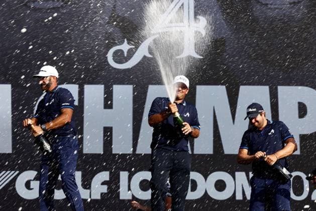 Mandatory Credit: Photo by James Marsh Shutterstock (13995950bi) Dustin Johnson, Patrick Reed, Peter Uihlein and Pat Perez of Team Aces celebrate winning the team tournament. LIV Golf Invitational London, Day Three, Golf, Centurion Club, Hemel Hempstead, UK - 09 Jul 2023 LIV Golf Invitational London, Day Three, Golf, Centurion Club, Hemel Hempstead, UK - 09 Jul 2023 Copyright: xJamesxMarsh Shutterstockx 13995950bi