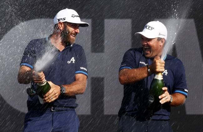 Mandatory Credit: Photo by James Marsh Shutterstock (13995950bn) Dustin Johnson, Patrick Reed, Peter Uihlein and Pat Perez of Team Aces celebrate winning the team tournament. LIV Golf Invitational London, Day Three, Golf, Centurion Club, Hemel Hempstead, UK - 09 Jul 2023 LIV Golf Invitational London, Day Three, Golf, Centurion Club, Hemel Hempstead, UK - 09 Jul 2023 Copyright: xJamesxMarsh Shutterstockx 13995950bn