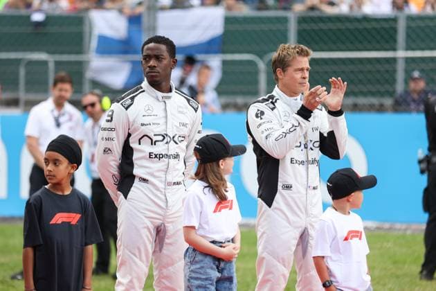 starting grid, grille de depart, IDRIS Damson Alade-Bo (GBR), actor playing Joshua Pearce, driver of the fictional Apex APXGP team in the F1 movie by Apple Studios Bruckheimer Films, PITT Brad (USA), actor playing Sonny Hayes, driver of the fictional Apex APXGP team in the F1 movie by Apple Studios Bruckheimer Films, portrait during the 2023 Formula 1 Aramco British Grand Prix, 10th round of the 2023 Formula One World Championship, WM, Weltmeisterschaft from July 7 to 9, 2023 on the Silverstone Circuit, in Silverstone, United Kingdom - F1 - BRITISH GRAND PRIX 2023 - RACE DPPI Panoramic 00123025_AV6_8176