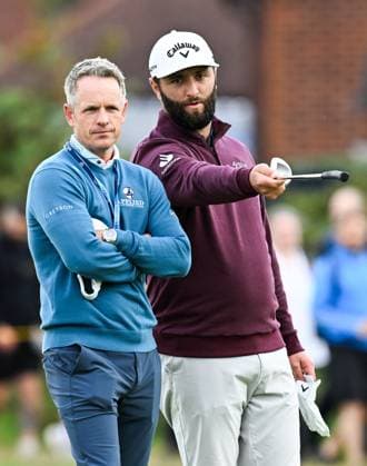 Mandatory Credit: Photo by Greig Cowie Shutterstock (14013394o) Ryder Cup Captain Luke Donald with Jon Rahm on the 4th Green The British Open Championship, Practice, Golf, Royal Liverpool Golf Club, Liverpool, UK - 19 Jul 2023 The British Open Championship, Practice, Golf, Royal Liverpool Golf Club, Liverpool, UK - 19 Jul 2023 Copyright: xGreigxCowie Shutterstockx 14013394o