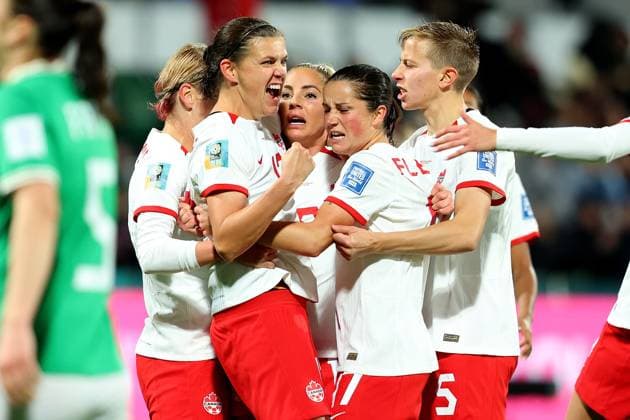 July 26, 2023, Perth, WESTERN AUSTRALIA, Australia: Christine Sinclair (left to right), Adriana Leon, Jessie Fleming and Quinn celebrate a second half goal by Leon against Ireland during their Group B match at the FIFA Women s World Cup in Perth, Australia, Wednesday, July 26, 2023. Canada News - July 26, 2023 - ZUMAc35_ 20230726_zaf_c35_051 Copyright: xJamesxWorsfoldx