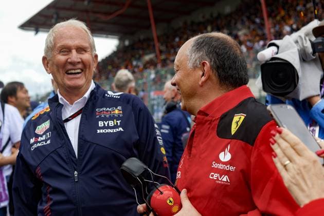 MARKO Helmut (aut), Drivers™ Manager of Red Bull Racing, VASSEUR Frederic (fra), Team Principal & General Manager of the Scuderia Ferrari, portrait, starting grid, grille de depart, during the 2023 Formula 1 MSC Cruises Belgian Grand Prix, 12th round of the 2023 Formula One World Championship, WM, Weltmeisterschaft from July 28 to 30, 2023 on the Circuit de Spa-Francorchamps, in Stavelot, Belgium - F1 - BELGIAN GRAND PRIX 2023 - RACE DPPI Panoramic _PVA4881