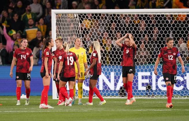 July 31, 2023, Melbourne, Australia: CanadaöÄÃ s (left to right) Vanessa Gilles, Julia Grosso, Quinn, Adriana Leon, Kailen Sheridan, Ashleigh Lawrence, Jordyn Huitema and Christine Sinclair react after conceding the second goal during Group B soccer action against Australia at the FIFA Women s World Cup in Melbourne, Australia, Monday, July 31, 2023. Canada News - July 31, 2023 - ZUMAc35_ 20230731_zaf_c35_005 Copyright: xScottxBarbourx