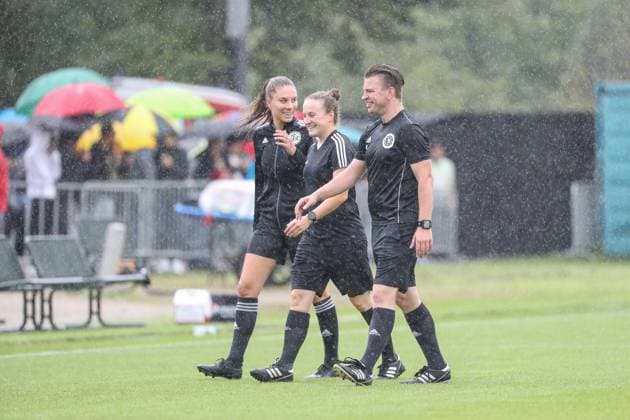 Annika Hinrichs (Schiedsrichter), Silke Dietz (SR-A. 1), Chiara Werner(SR-A. 2), GER, Eintracht Frankfurt vs. 1. FC Nuernberg, 1. Frauen Bundesliga, Testspiel, Spielzeit 2023 24, 06.08.2023, GER, Eintracht Frankfurt vs. 1. FC Nuernberg, 1. Frauen Bundesliga, Testspiel, Spielzeit 2023 24, Frankfurt Copyright: xEibner-Pressefoto UlrichxScherbaumx EP_USM