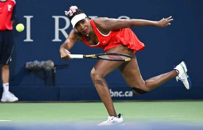 August 7, 2023, Montreal, PQ, CANADA: Venus Williams, of the United States, lunges for the ball during her first round match against Madison Keys, of the United States, at the National Bank Open tennis tournament in Montreal, Monday, August 7, 2023. Venus Williams, Madison Keys, - ZUMAc35_ 20230807_zaf_c35_078 Copyright: xGrahamxHughesx